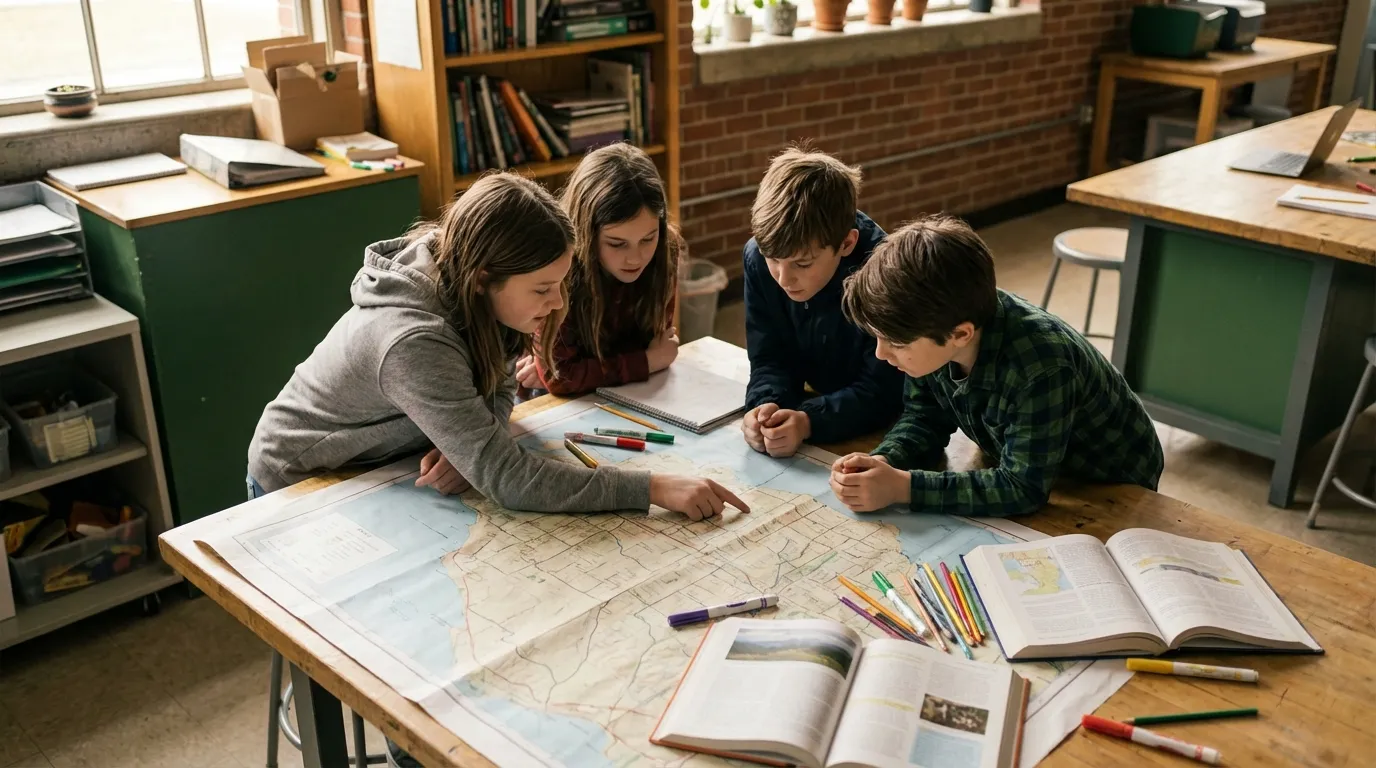 Students working together on a collaborative map project in humanities class