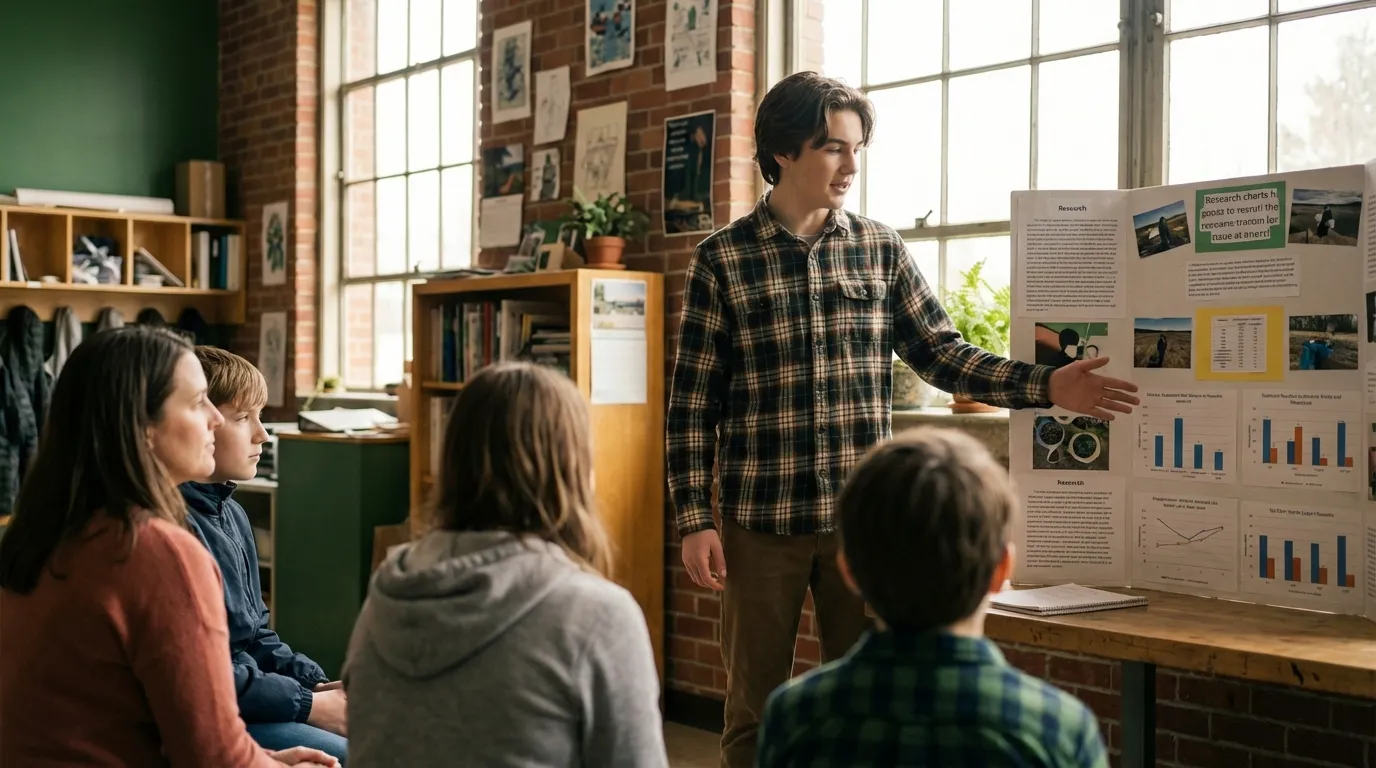 Student presenting their capstone project to peers and teachers