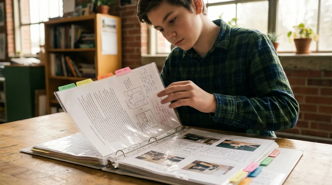 Teacher and student reviewing portfolio during narrative assessment conference