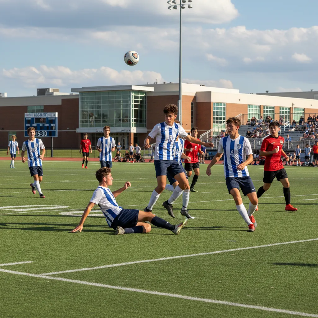 High school boys soccer team players in competitive action on field