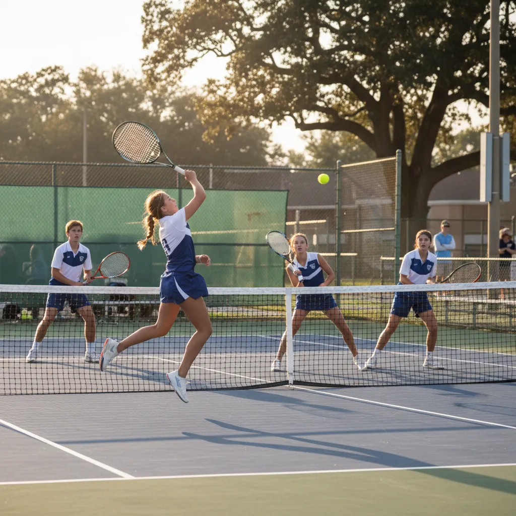 High school tennis players competing on court with rackets