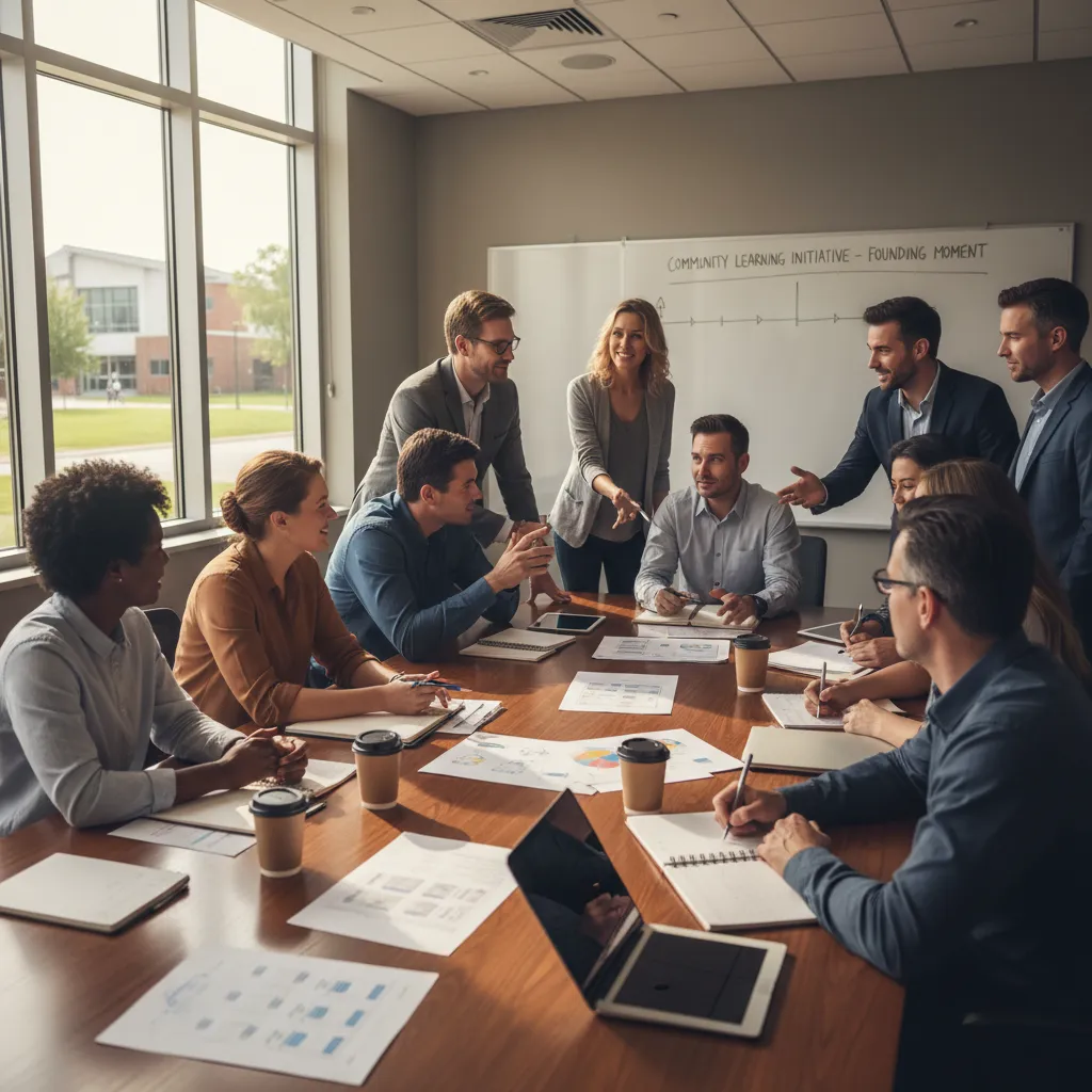 Educators collaborating around table planning curriculum and educational programs