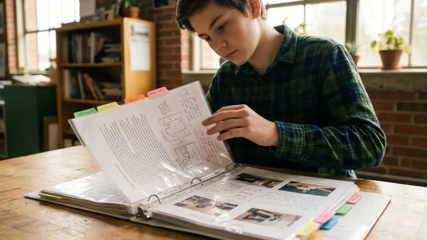 Student reviewing their academic portfolio with collected work and reflections