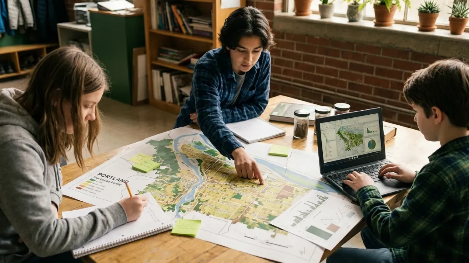 Students examining tree canopy data and GIS maps for urban forestry research