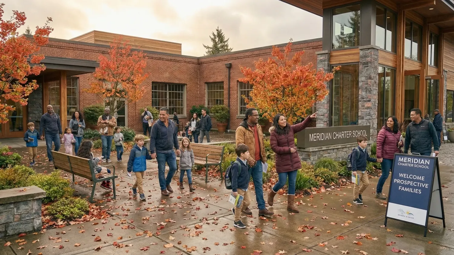 Prospective families touring Meridian School campus in autumn