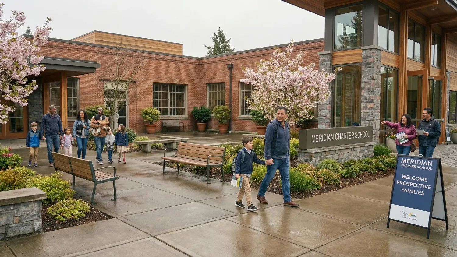 Families touring Meridian School during Spring Open House